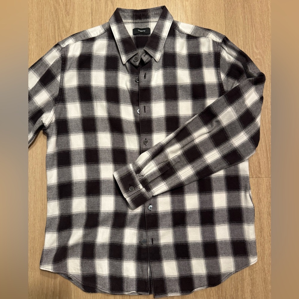 Theory Men's Checkered/Plaid Button Up Dark Brown & White